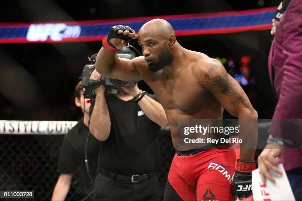 Yoel Romero stands in the Octagon before facing Robert Whittaker for their UFC middleweight championship bout during the UFC 213 event at T-Mobile...