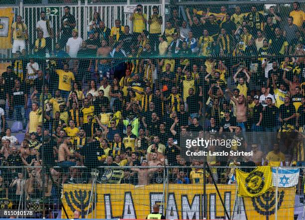 The supporters of Beitar Jerusalem wait for the kick-off prior to the UEFA Europa League First Qualifying Round 2nd leg match between Vasas FC and...