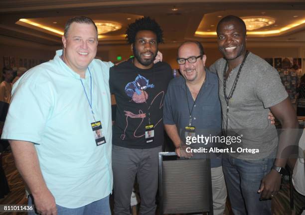 Actors Billy Gardell, Nyambi Nyambi, Louis Mustillo and Reno Wilson sign autographs at The Hollywood Show held at Westin LAX Hotel on July 8, 2017 in...