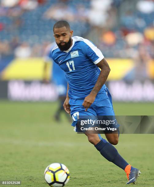 Kevin Parsemain of Nicaragua drives the ball during the Group B match between Martinique and Nicaragua as part of the Gold Cup 2017 at Nissan Stadium...