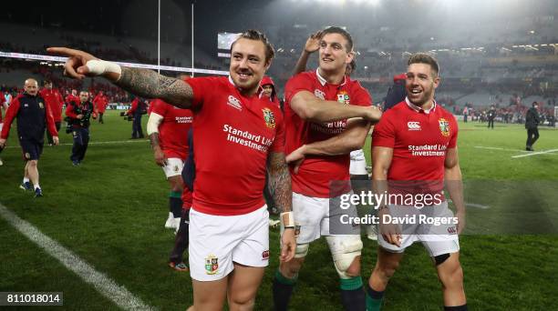 Sam Warburton, the Lions captain, Jack Nowell and Rhys Webb acknowledge the Lions supporters after they draw the final test 15-15 and tie the series...