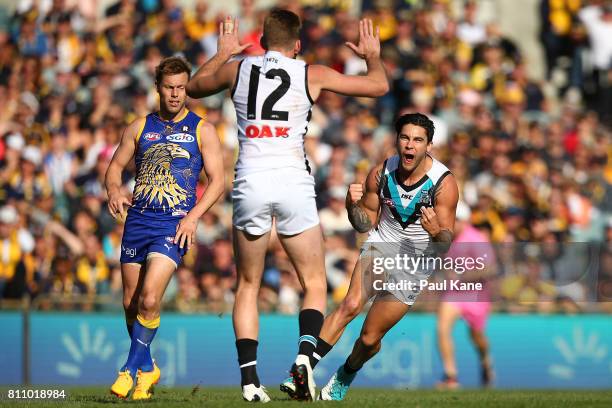 Chad Wingard of the Power celebrates a goal during the round 16 AFL match between the West Coast Eagles and the Port Adelaide Power at Domain Stadium...