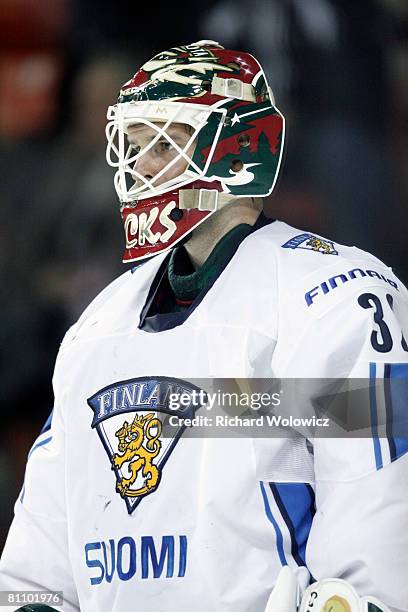 Niklas Backstrom of Finland watches play during the game against the United States at the IIHF World Ice Hockey Championship qualification round at...