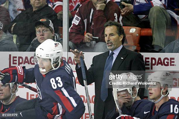 Team United States Head Coach John Tortorella sends Patrick Kane of the United States into action during the game against Finland at the IIHF World...