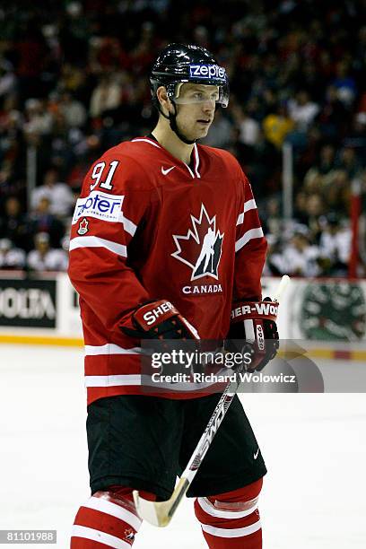 Jason Spezza of Canada prepares for a faceoff during the game against Germany at the IIHF World Ice Hockey Championship qualification round at the...