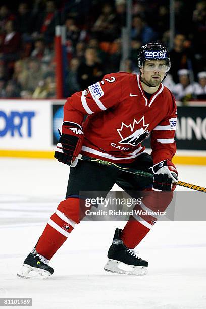 Dan Hamhuis of Canada skates during the game against Germany at the IIHF World Ice Hockey Championship qualification round at the Halifax Metro...