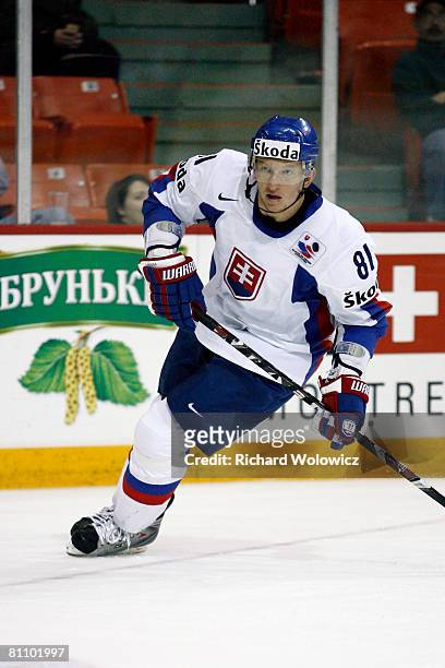 Marcel Hossa of Slovakia skates during the game against Slovenia at the IIHF World Ice Hockey Championship qualification round at the Halifax Metro...