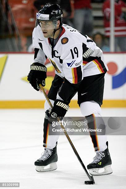 Marco Sturm of Germany skates with the puck during the warm up session prior to facing Canada at the IIHF World Ice Hockey Championship qualification...