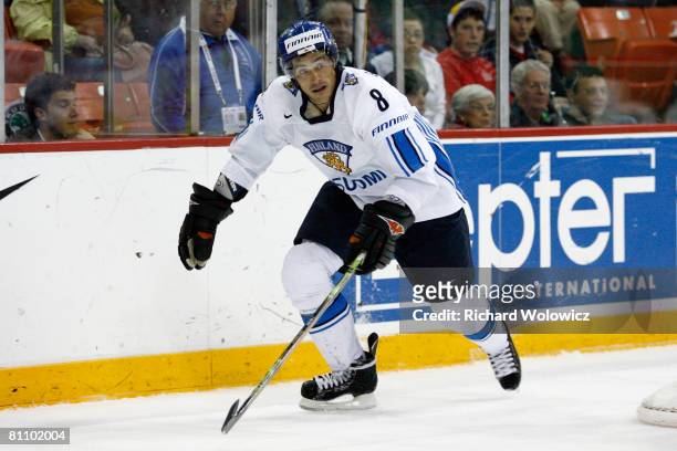 Teemu Selanne of Finland skates during the game against the United States at the IIHF World Ice Hockey Championship qualification round at the...