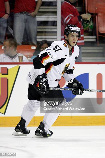 Marcel Goc of Germany skates during the warm up session prior to facing Canada at the IIHF World Ice Hockey Championship qualification round at the...