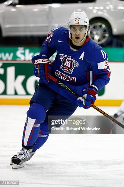 Anze Kopitar of Slovenia skates during the game against Slovakia at the IIHF World Ice Hockey Championship qualification round at the Halifax Metro...