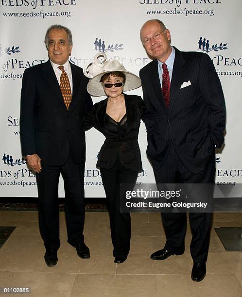 Ambassador to The UN Zalmay Khalilzad, Yoko Ono and CBS Anchor Harry Smith attend The 15th Annual Seeds of Peace Gala in New York City on May 15, 2008