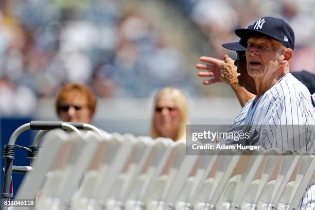 Former pitcher Don Larsen of the New York Yankees looks on during the New York Yankees 71st Old Timers Day game before the Yankees play against the...