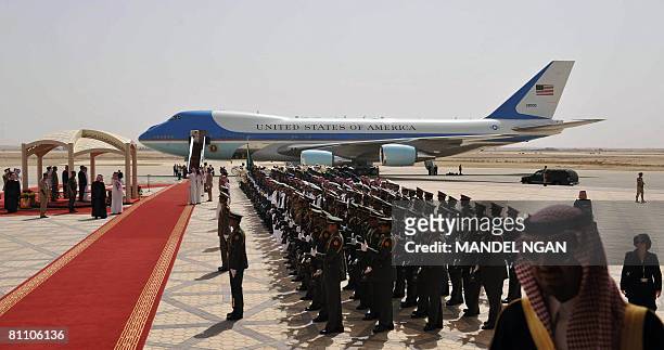 General view shows Saudi Guards of Honour lined up during the welcoming ceremony for US President George W. Bush upon his arrival at King Khaled...