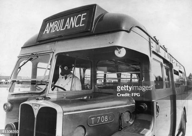 One of 1,200 Green Line coaches converted into ambulances at the Chiswick works of the London Passenger Transport Board during World War II, circa...
