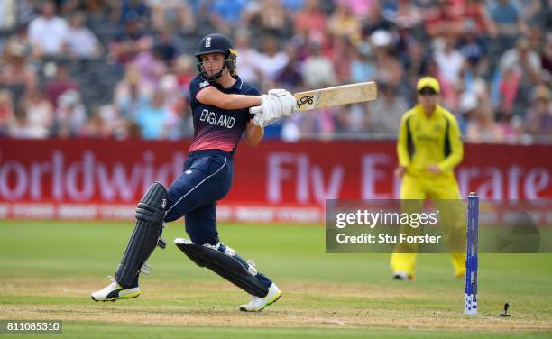 England batsman Natalie Sciver hits out during the ICC Women's World Cup 2017 match between England and Australia at The Brightside Ground on July 9,...