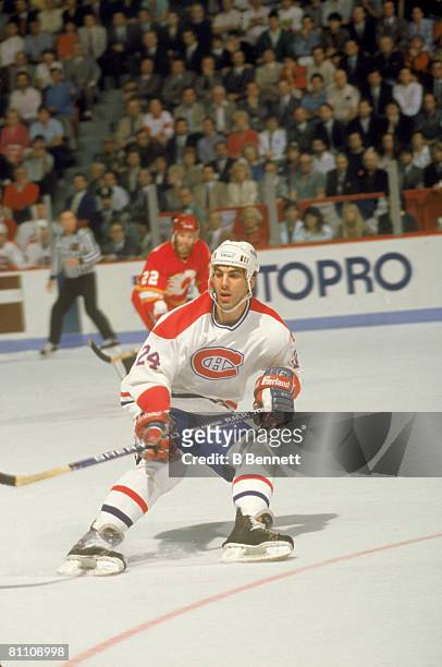 Chris Chelios of the Montreal Canadiens skates on the ice during the 1989 Stanley Cup Finals against the Calgary Flames in May, 1989 at the Montreal...