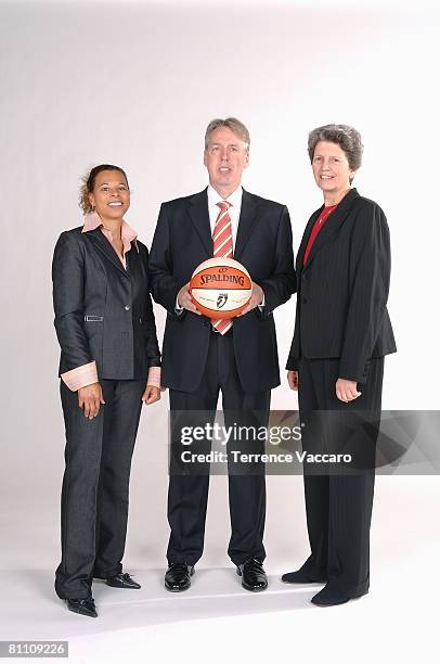 Assistant coach Shelley Patterson, head coach Brian Agler and assistant coach Nancy Darsch of the Seattle Storm pose for a portrait during WNBA Media...