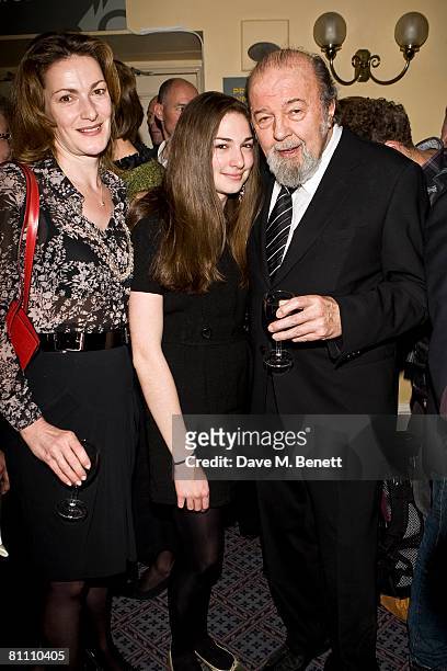 Director Sir Peter Hall poses with his wife Nicki Hall and their daughter Emma during the after party for the performance of 'Pygmalion', directed by...