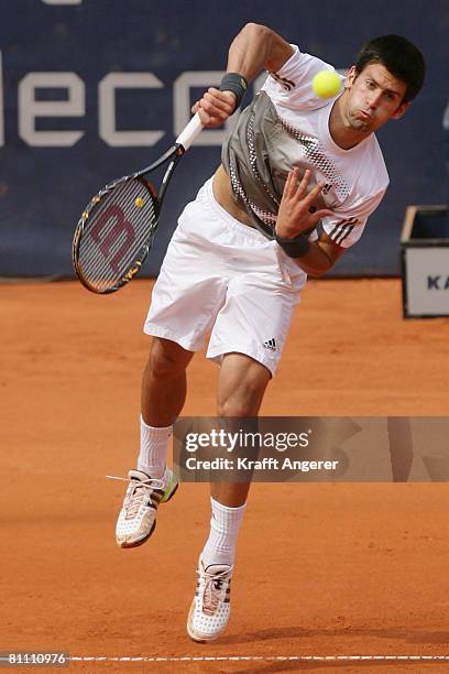 Novak Djokovic of Serbia returns during the match against Albert Montanes of Spain during day five of the Tennis Masters Series Hamburg at Rothenbaum...