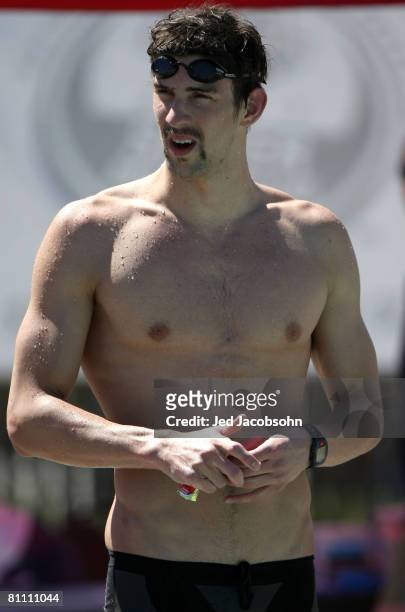 Michael Phelps of the USA looks on after the 400m medley at a preliminary round during the Santa Clara XLI International Swim Meet, part of the 2008...