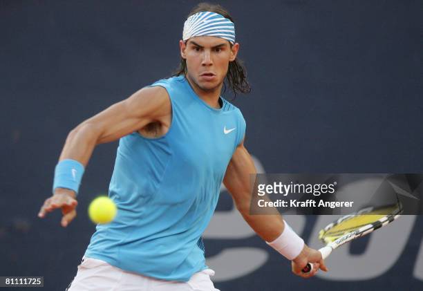 Rafael Nadal of Spain returns during the match against Carlos Moya of Spain during day five of the Tennis Masters Series Hamburg at Rothenbaum Tennis...