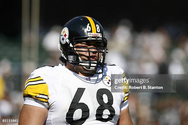 Chris Kemoeatu of the Pittsburgh Steelers during a game between the Pittsburgh Steelers and Oakland Raiders at McAfee Coliseum in Oakland, California...