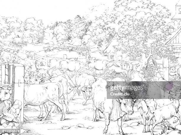 牛と自然に村から途中ヤギの群れ - 1857年点のイラスト素材／クリップアート素材／マンガ素材／アイコン素材