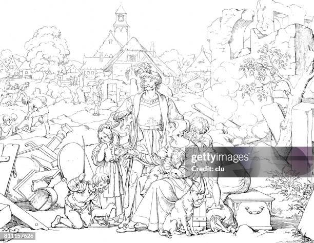 family standing together after a great disaster - large family stock illustrations