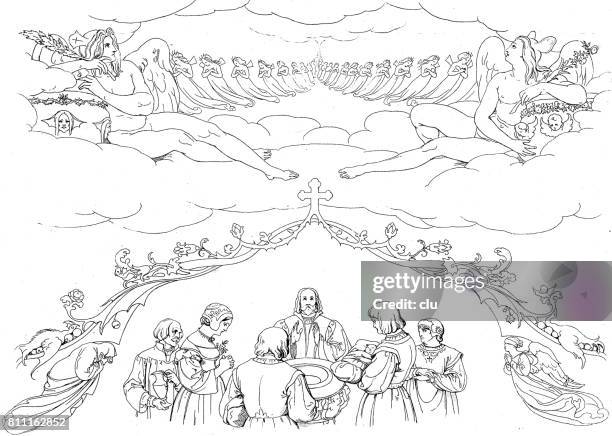 symbolisches bild der taufe: familie und priester stehen am taufbecken, engel im oberen teil die szene zu überwachen - taufstein stock-grafiken, -clipart, -cartoons und -symbole