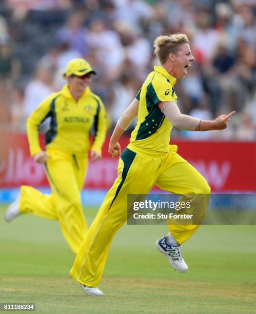 Australia bowler Elyse Villani celebrates after dismissing Natalie Sciver during the ICC Women's World Cup 2017 match between England and Australia...