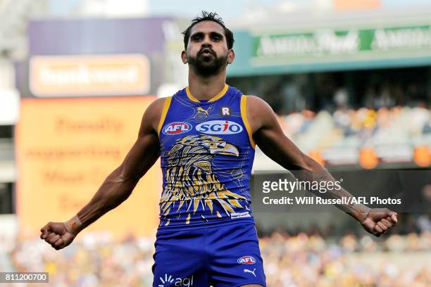 Lewis Jetta of the Eagles celebrates after scoring a goal during the round 16 AFL match between the West Coast Eagles and the Port Adelaide Power at...