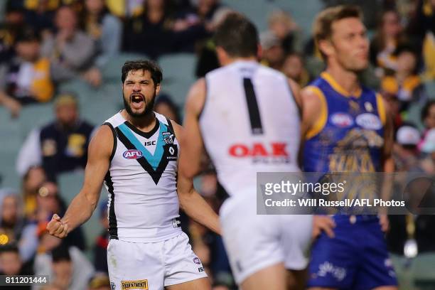 Paddy Ryder of the Power celebrates after scoring a goal during the round 16 AFL match between the West Coast Eagles and the Port Adelaide Power at...