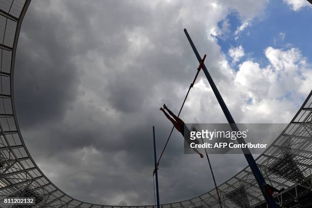 Athlete Katie Nageotte makes an early clearance in the women's pole vault during the IAAF Diamond League Anniversary Games athletics meeting at the...