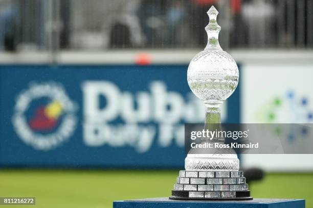 General View of the trophy on the 1st tee during the final round of the Dubai Duty Free Irish Open at Portstewart Golf Club on July 9, 2017 in...