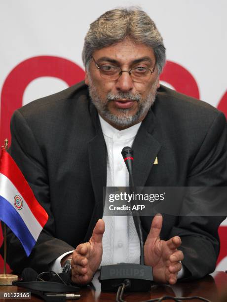 Paraguay's recently elected President Fernando Lugo speaks during a press conference in Lima during the V Summit of Heads of State and Government...
