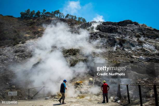 Researchers make monthly measurements near the Bocca Grande in Pozzuoli, Italy on July 09, 2017. The Solfatara of Pozzuoli is one of the most...