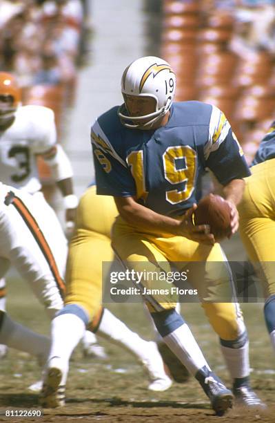 Quarterback Johnny Unitas of the San Diego Chargers in action during a 13 to 20 loss to the Cincinnati Bengals on September 30, 1973 at San Diego...