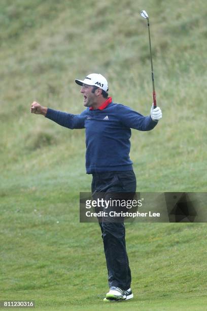 Jon Rahm of Spain celebrates holing his third shot on the 4th hole for an eagle during the final round of the Dubai Duty Free Irish Open at...