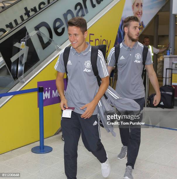 Ander Herrera and David de Gea of Manchester United checks in at Manchester Airport ahead of the club's pre-season tour of the USA at Manchester...