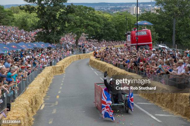 Contender in The Red Bull Soapbox Race begins to descend down the course at Alexandra Palace on July 9, 2017 in London, England. The event, in which...