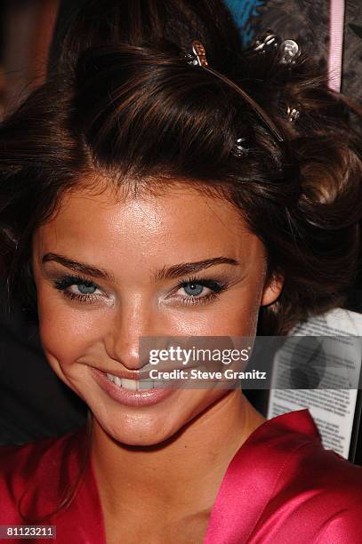 Model Miranda Kerr getting hair and makeup done before the 12th Annual Victorias Secret Fashion Show at The Kodak Theatre on November 15, 2007 in...