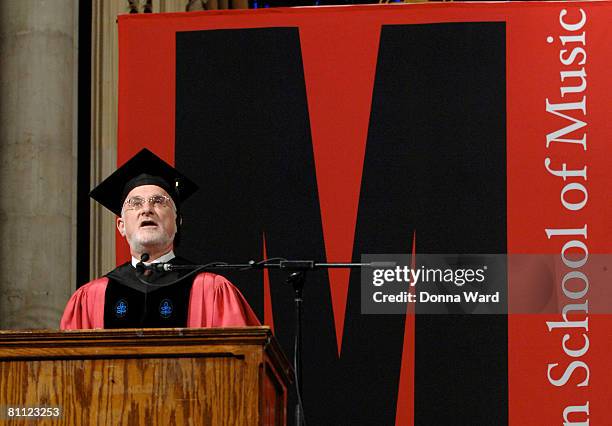 S President Robert Sirota speaks while conferring honorary Doctorates from the Manhattan School of Music at the Riverside Church in Harlem on May 16,...
