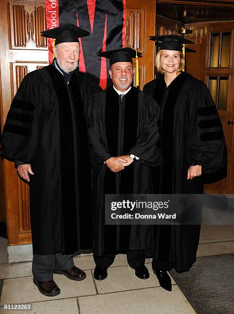 Pete Seeger, Billy Joel and Susan Graham pose before receiving honorary Doctorates from the Manhattan School of Music at the Riverside Church in...