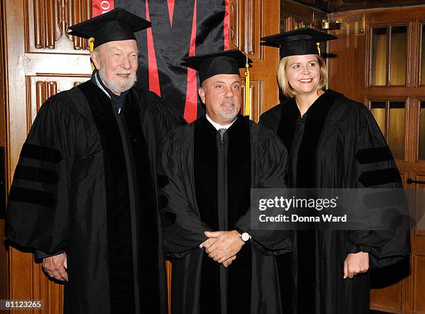 Pete Seeger, Billy Joel and Susan Graham pose before receiving honorary Doctorates from the Manhattan School of Music at the Riverside Church in...
