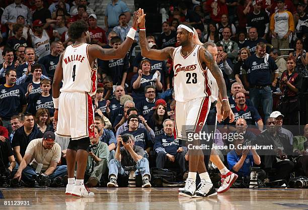LeBron James and Ben Wallace of the Cleveland Cavaliers celebrate a play against the Boston Celtics in Game Six of the 2008 NBA Eastern Conference...