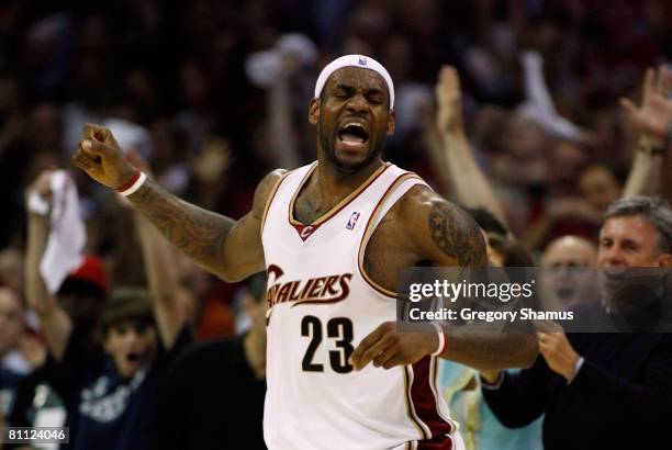 LeBron James of the Cleveland Cavaliers reacts against the Boston Celtics in Game Six of the Eastern Conference Semifinals during the 2008 NBA...