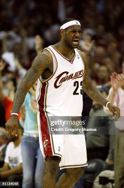 LeBron James of the Cleveland Cavaliers reacts against the Boston Celtics in Game Six of the Eastern Conference Semifinals during the 2008 NBA...