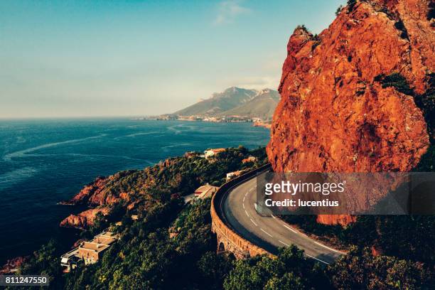 french riviera sunrise, coastline at var - cliff road stock pictures, royalty-free photos & images