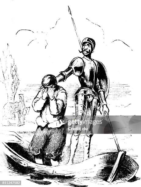 armoured knight and his assistant standing on a boat floating in water - don quixote stock illustrations